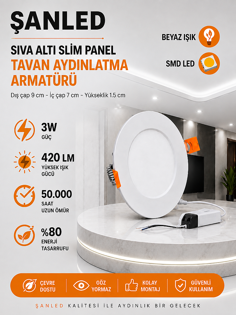 3W Tasarruflu Led Yuvarlak Beyaz Işık Sıva Altı Slim Panel Tavan Aydınlatma Armatürü - Kopya - 1