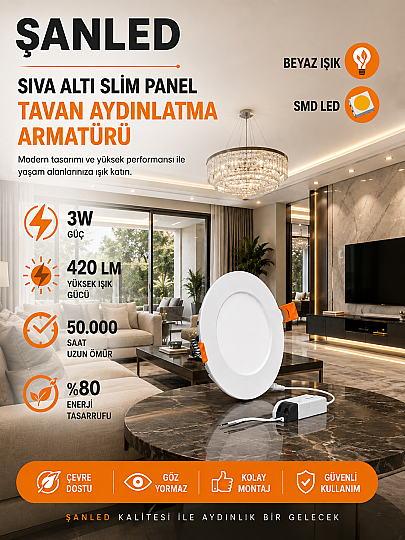 3W Tasarruflu Led Yuvarlak Beyaz Işık Sıva Altı Slim Panel Tavan Aydınlatma Armatürü - Kopya - 3