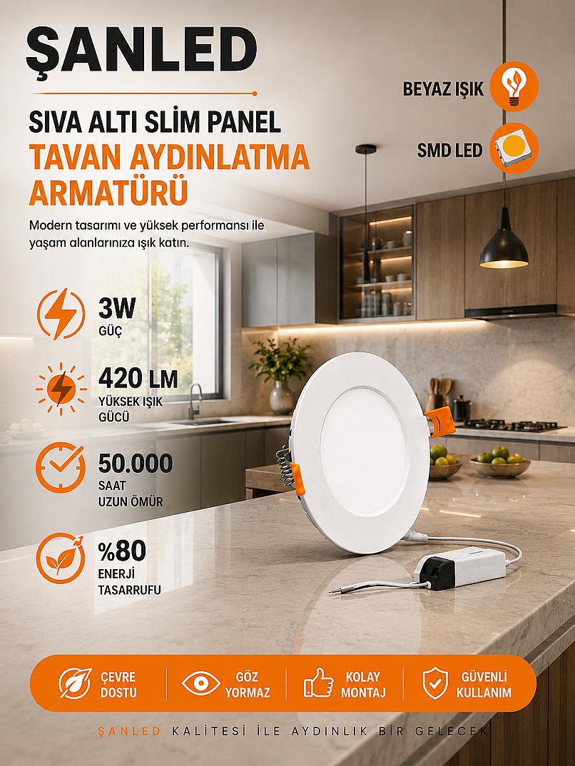 3W Tasarruflu Led Yuvarlak Beyaz Işık Sıva Altı Slim Panel Tavan Aydınlatma Armatürü - Kopya - 4