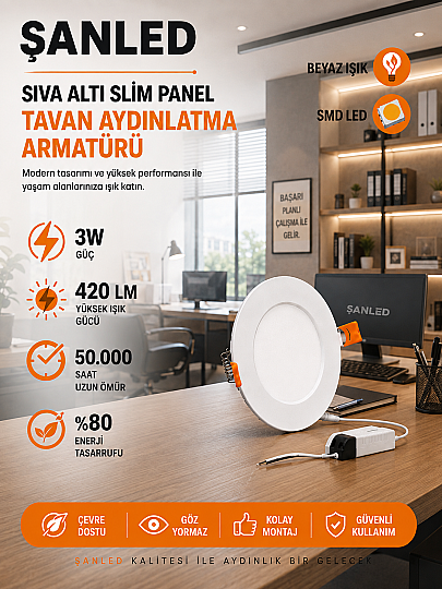 3W Tasarruflu Led Yuvarlak Beyaz Işık Sıva Altı Slim Panel Tavan Aydınlatma Armatürü - Kopya - 5