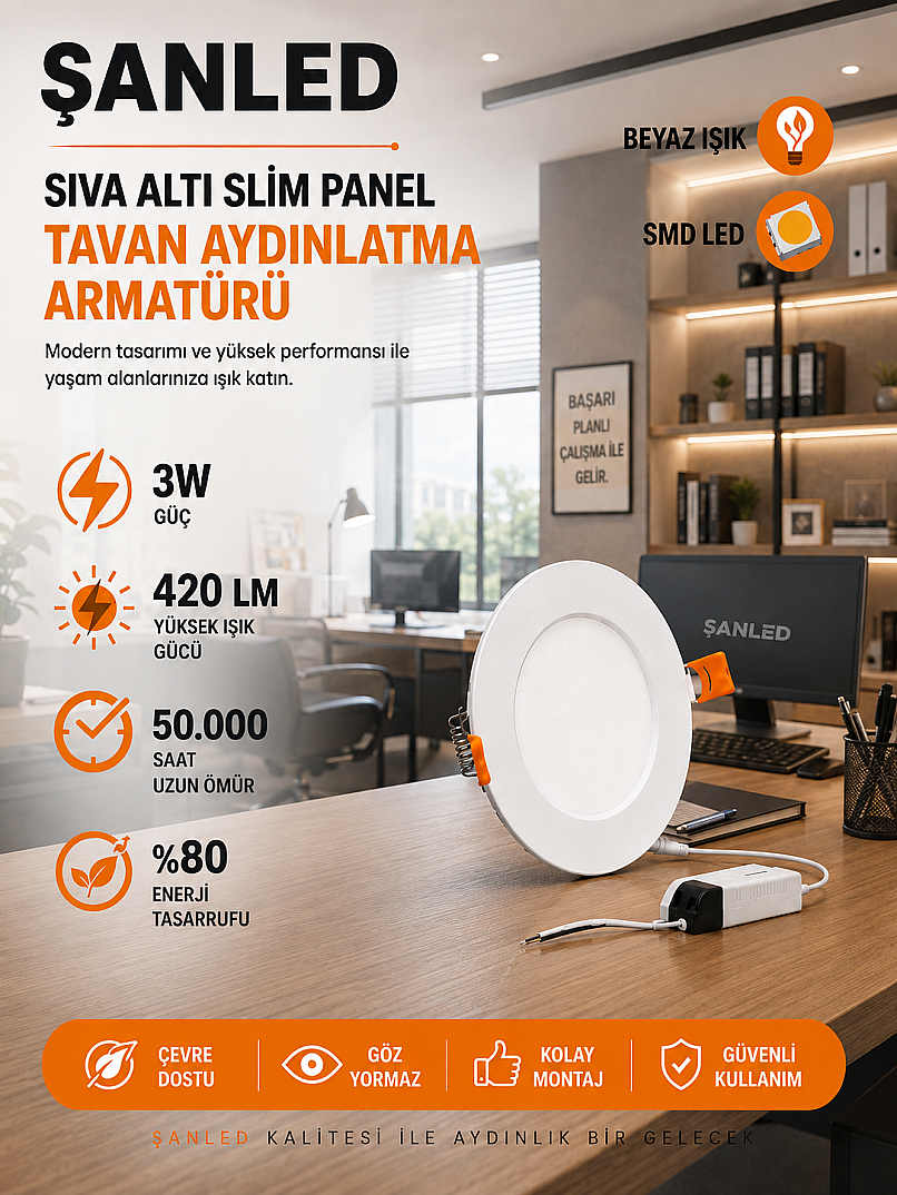 3W Tasarruflu Led Yuvarlak Beyaz Işık Sıva Altı Slim Panel Tavan Aydınlatma Armatürü - Kopya - 5