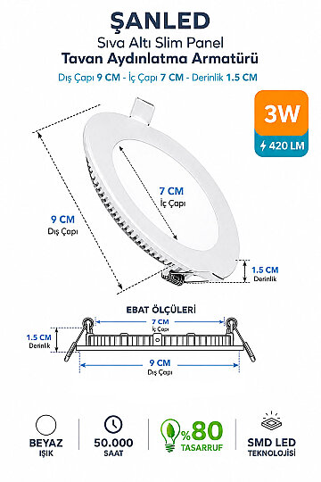 3W Tasarruflu Led Yuvarlak Beyaz Işık Sıva Altı Slim Panel Tavan Aydınlatma Armatürü - Kopya - 6