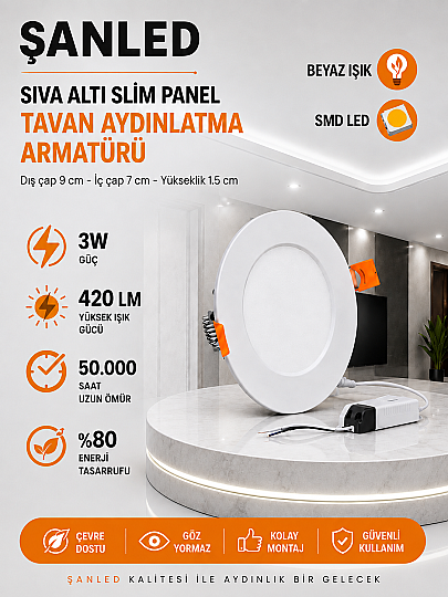 3W Tasarruflu Led Yuvarlak Beyaz Işık Sıva Altı Slim Panel Tavan Aydınlatma Armatürü