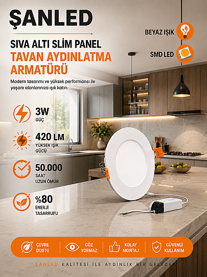 3W Tasarruflu Led Yuvarlak Beyaz Işık Sıva Altı Slim Panel Tavan Aydınlatma Armatürü - 4