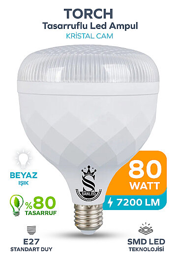 80W KRİSTAL Tasarruflu E27 Beyaz Işık Torch Led Ampul