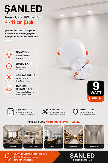Ayarlı Çap 9W Beyaz Işık Led Spot (4-11 Çaplı)