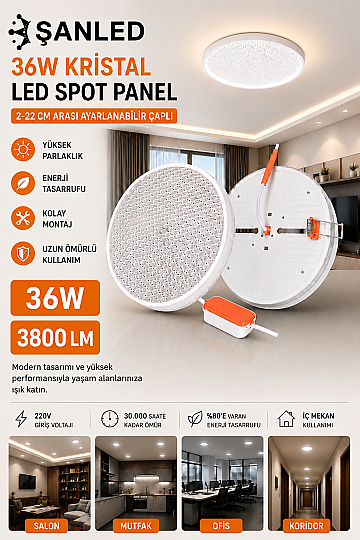 36W Kristal LED Spot Panel 3800 Lümen 2-22 cm Ayarlanabilir Çaplı Tavan Aydınlatma