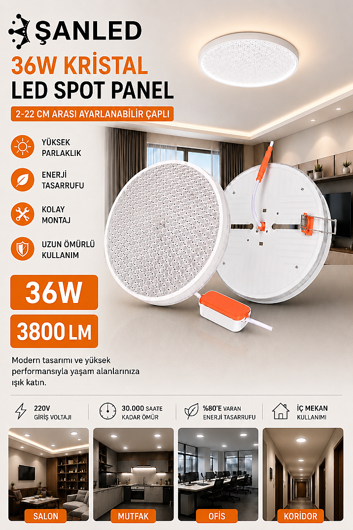 36W Kristal LED Spot Panel 3800 Lümen 2-22 cm Ayarlanabilir Çaplı Tavan Aydınlatma - 1