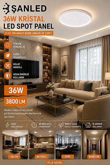 36W Kristal LED Spot Panel 3800 Lümen 2-22 cm Ayarlanabilir Çaplı Tavan Aydınlatma - 2
