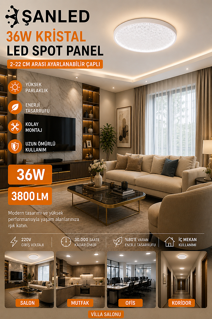 36W Kristal LED Spot Panel 3800 Lümen 2-22 cm Ayarlanabilir Çaplı Tavan Aydınlatma - 2