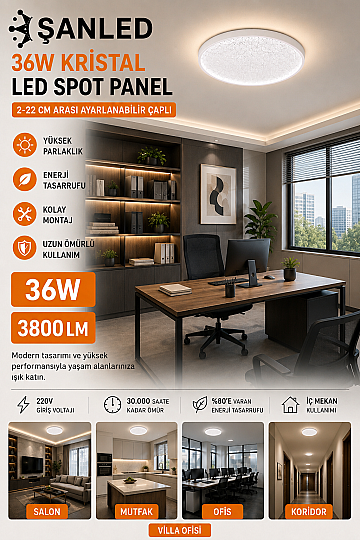 36W Kristal LED Spot Panel 3800 Lümen 2-22 cm Ayarlanabilir Çaplı Tavan Aydınlatma - 3
