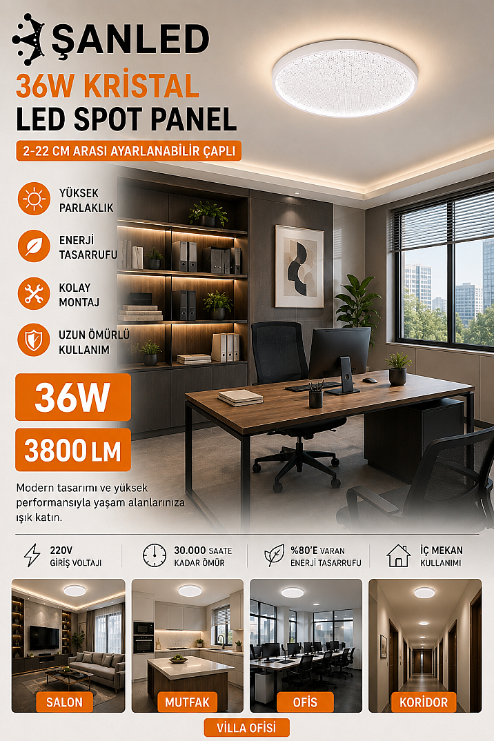 36W Kristal LED Spot Panel 3800 Lümen 2-22 cm Ayarlanabilir Çaplı Tavan Aydınlatma - 3