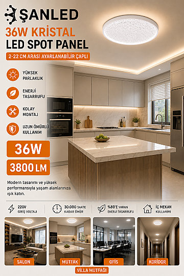 36W Kristal LED Spot Panel 3800 Lümen 2-22 cm Ayarlanabilir Çaplı Tavan Aydınlatma - 4