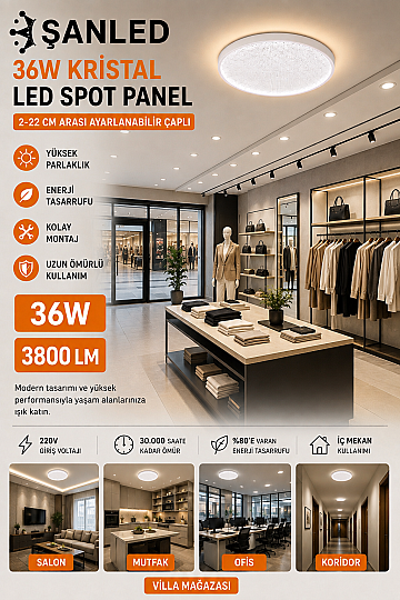 36W Kristal LED Spot Panel 3800 Lümen 2-22 cm Ayarlanabilir Çaplı Tavan Aydınlatma - 5