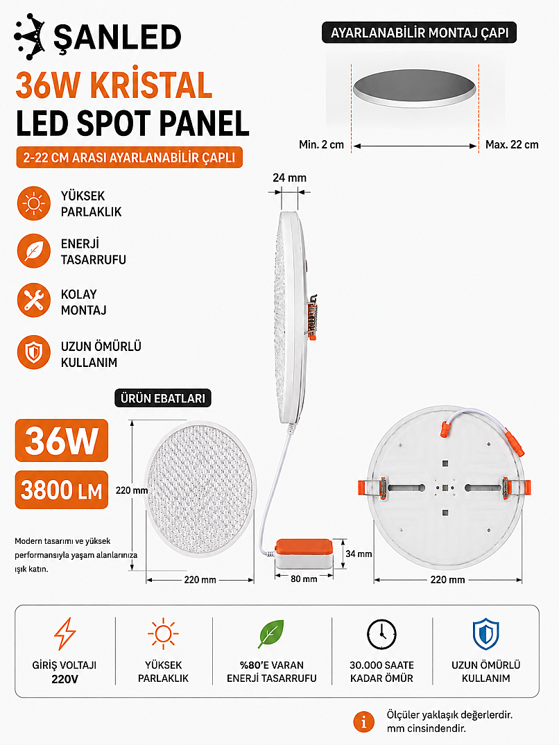 36W Kristal LED Spot Panel 3800 Lümen 2-22 cm Ayarlanabilir Çaplı Tavan Aydınlatma - 6
