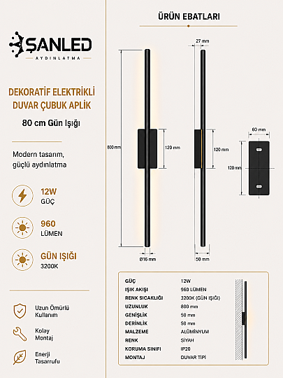 Dekoratif 12W İç Mekan Beyaz Desenli Gün Işığı 80 cm Duvar Aplik Elektrikli - 6