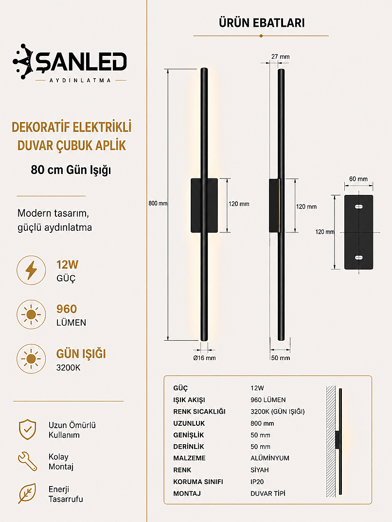 Dekoratif 12W İç Mekan Beyaz Desenli Gün Işığı 80 cm Duvar Aplik Elektrikli - 6