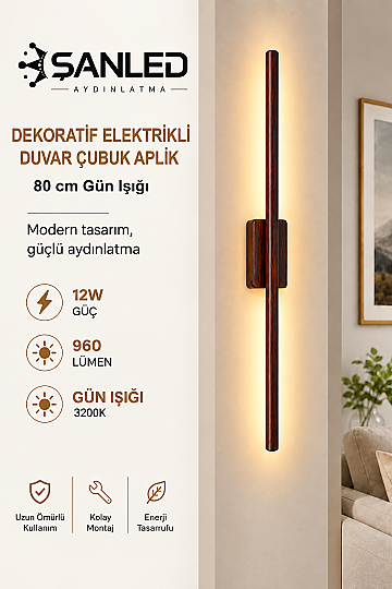 Dekoratif 12W İç Mekan Ahşap Rengi Kasa Gün Işığı 80 cm Duvar Aplik Elektrikli