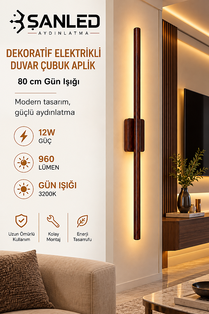 Dekoratif 12W İç Mekan Ahşap Rengi Kasa Gün Işığı 80 cm Duvar Aplik Elektrikli - 3