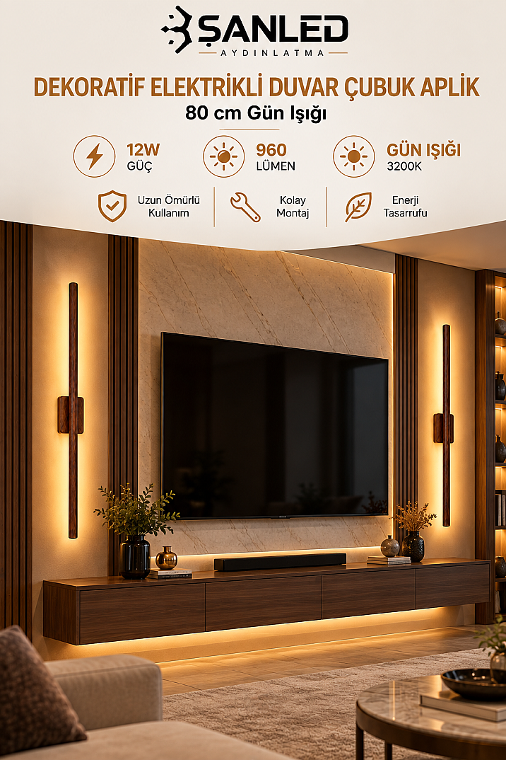 Dekoratif 12W İç Mekan Ahşap Rengi Kasa Gün Işığı 80 cm Duvar Aplik Elektrikli - 4