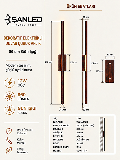 Dekoratif 12W İç Mekan Ahşap Rengi Kasa Gün Işığı 80 cm Duvar Aplik Elektrikli - 6