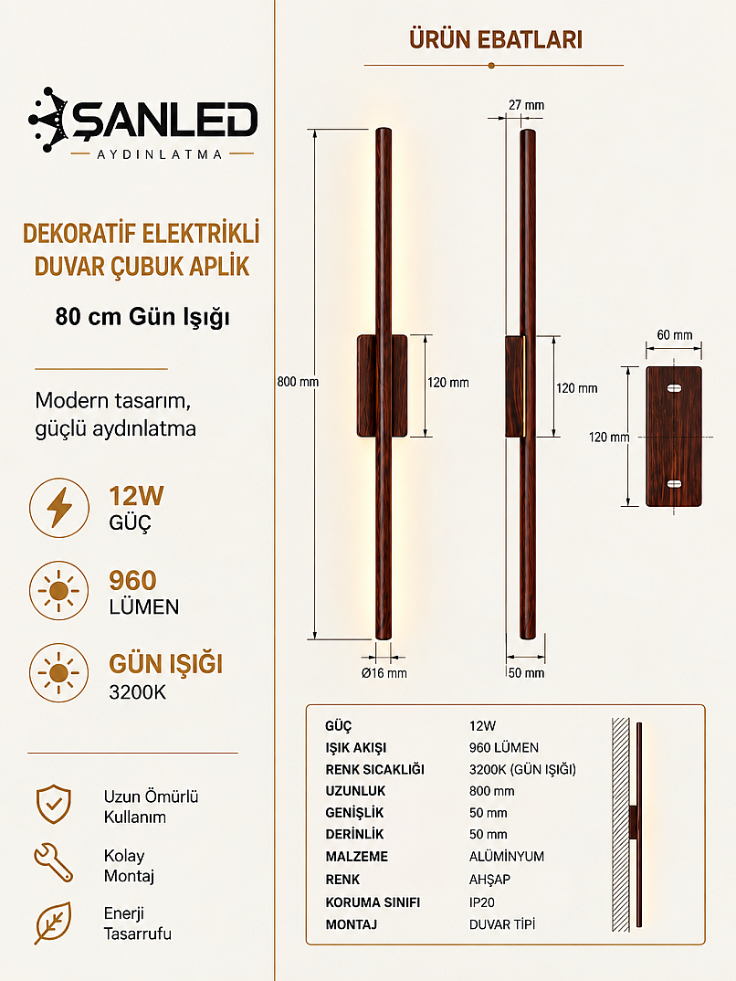 Dekoratif 12W İç Mekan Ahşap Rengi Kasa Gün Işığı 80 cm Duvar Aplik Elektrikli - 6