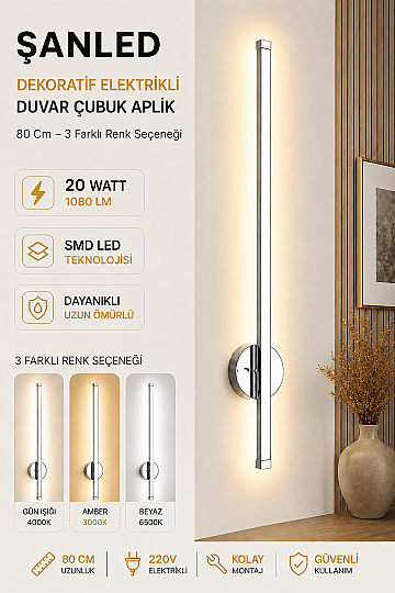 Dekoratif 20W İç Mekan Krom Kasa 3 Renkli Işık Elektrikli 80 cm Duvar Aplik