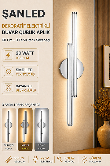 Dekoratif 20W İç Mekan Krom Kasa 3 Renkli Işık Elektrikli 60 cm Duvar Aplik