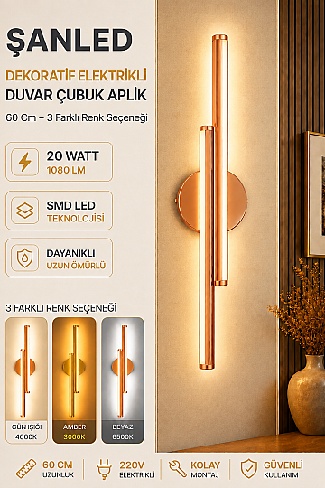 Dekoratif 20W İç Mekan Bronz Kasa 3 Renkli Işık Elektrikli 60 cm Duvar Aplik