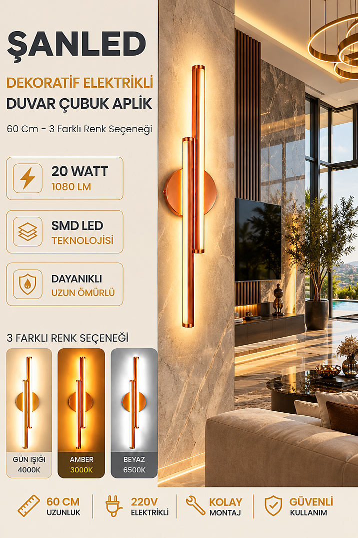 Dekoratif 20W İç Mekan Bronz Kasa 3 Renkli Işık Elektrikli 60 cm Duvar Aplik - 2