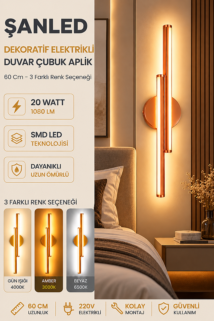 Dekoratif 20W İç Mekan Bronz Kasa 3 Renkli Işık Elektrikli 60 cm Duvar Aplik - 3