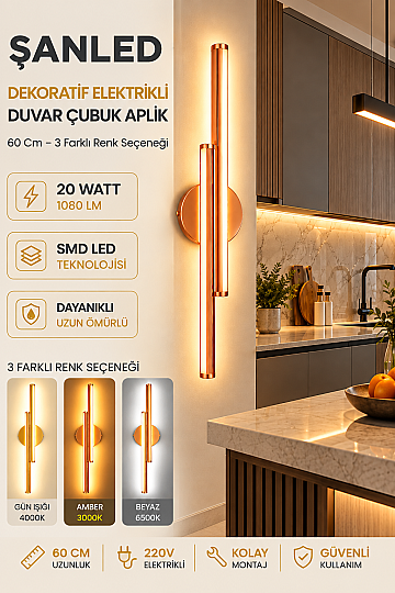 Dekoratif 20W İç Mekan Bronz Kasa 3 Renkli Işık Elektrikli 60 cm Duvar Aplik - 4