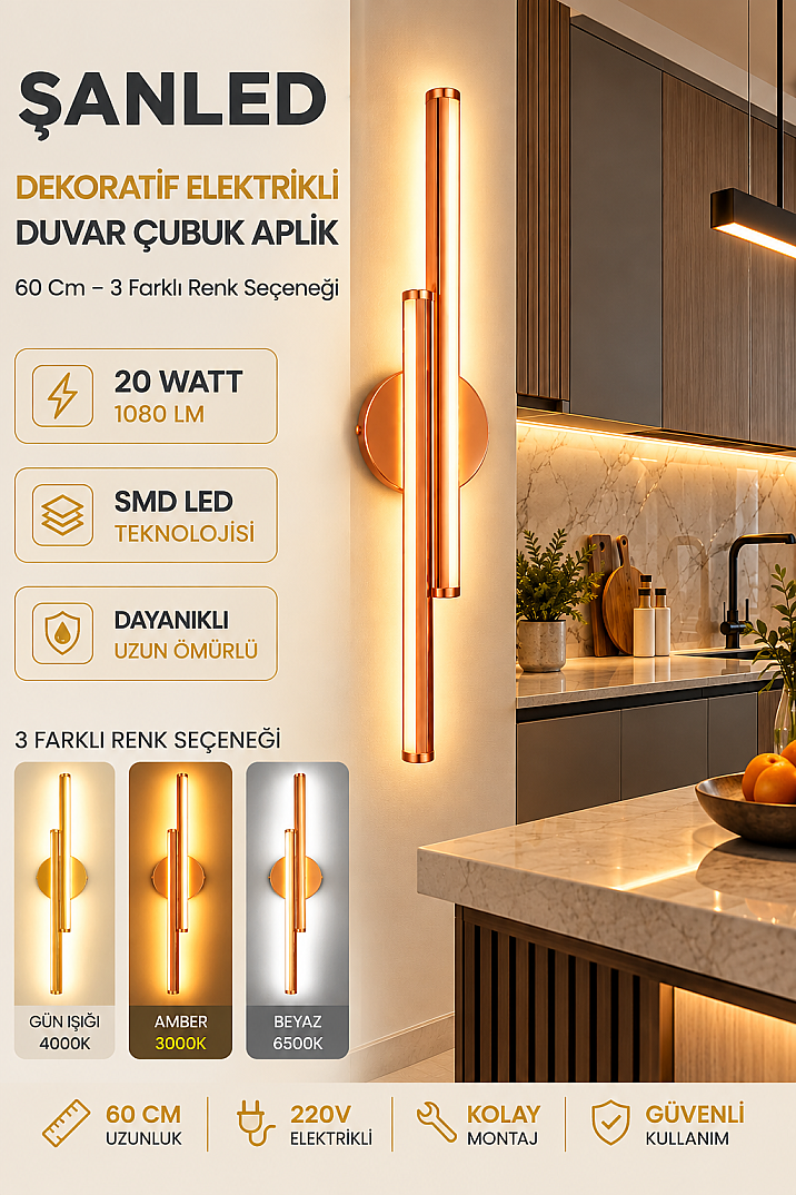 Dekoratif 20W İç Mekan Bronz Kasa 3 Renkli Işık Elektrikli 60 cm Duvar Aplik - 4