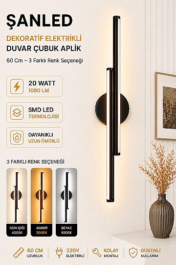 Dekoratif 20W İç Mekan Siyah Kasa 3 Renkli Işık Elektrikli 60 cm Duvar Aplik