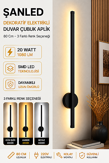 Dekoratif 20W İç Mekan Siyah Kasa 3 Renkli Işık Elektrikli 80 cm Duvar Aplik