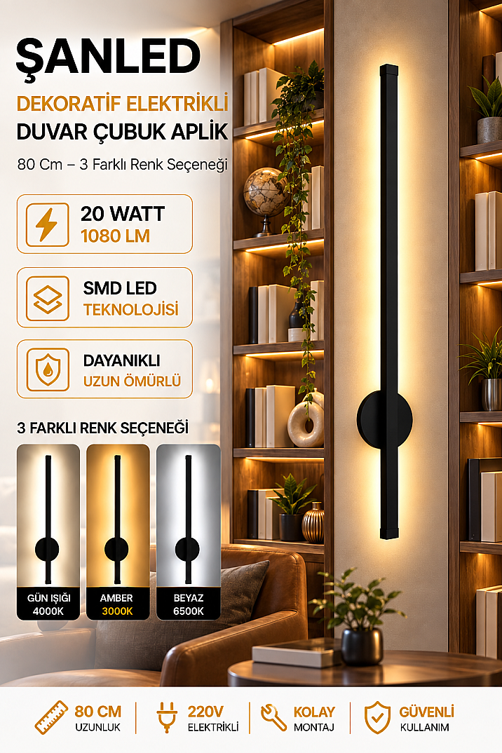 Dekoratif 20W İç Mekan Siyah Kasa 3 Renkli Işık Elektrikli 80 cm Duvar Aplik  - 4