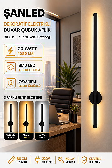 Dekoratif 20W İç Mekan Siyah Kasa 3 Renkli Işık Elektrikli 80 cm Duvar Aplik  - 5