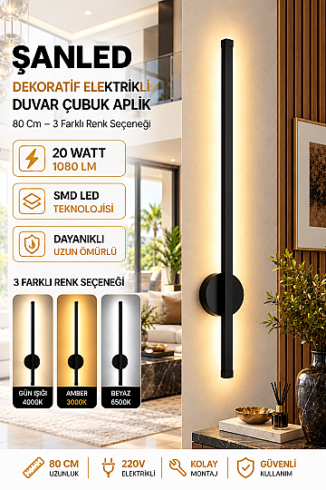 Dekoratif 20W İç Mekan Siyah Kasa 3 Renkli Işık Elektrikli 80 cm Duvar Aplik  - 2