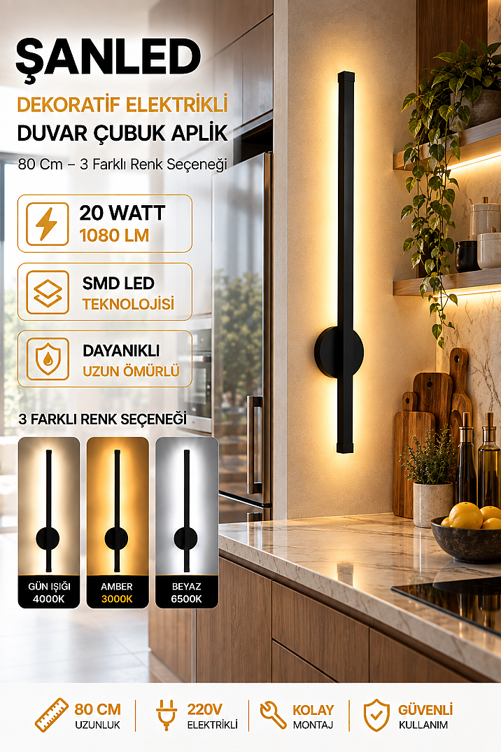 Dekoratif 20W İç Mekan Siyah Kasa 3 Renkli Işık Elektrikli 80 cm Duvar Aplik  - 6